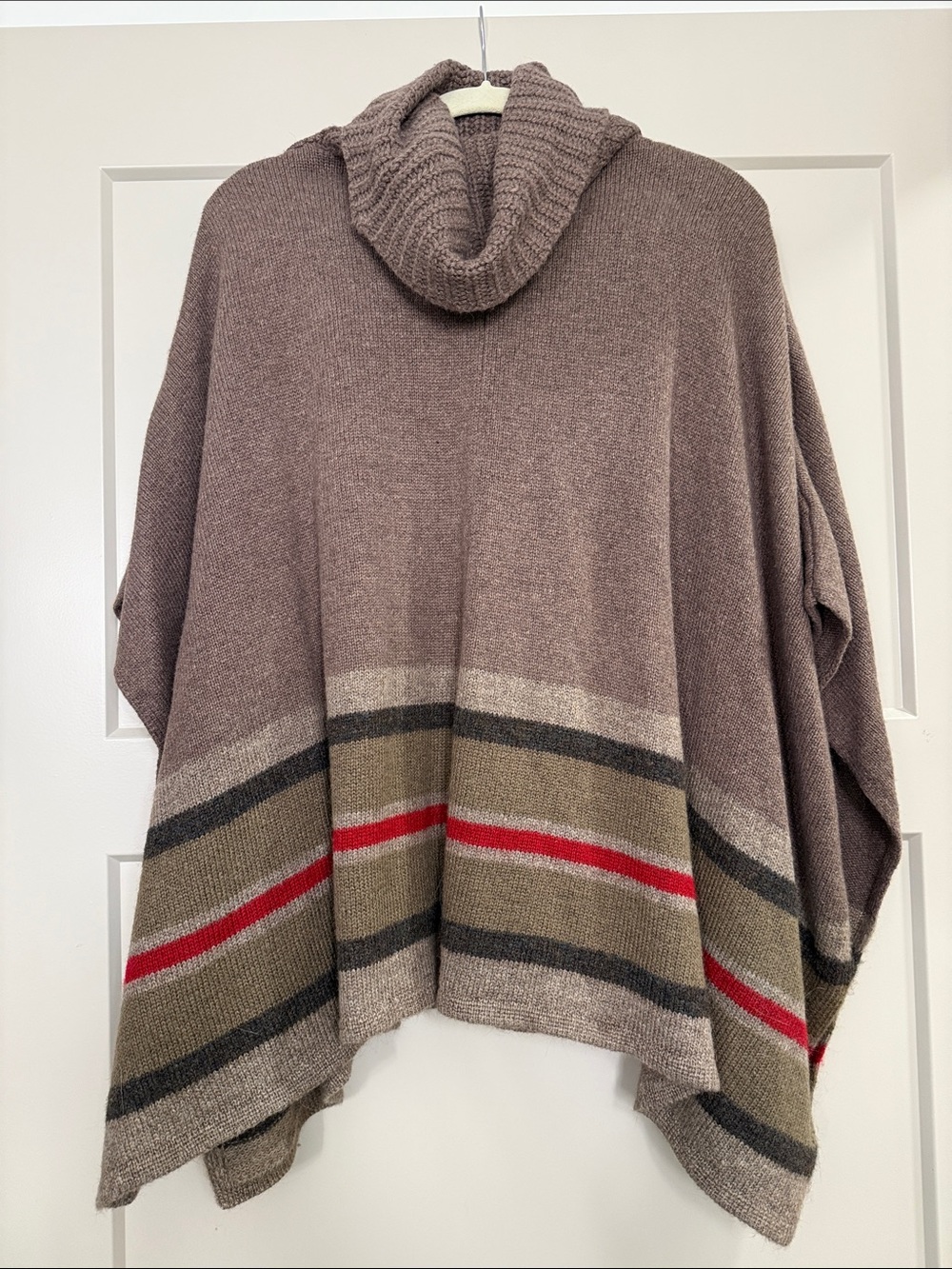 LOFT Taupe Cowl-Neck Poncho Sweater with Red and Olive Stripes